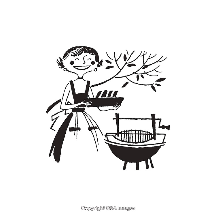 Vintage Illustration of Woman Barbecuing in Black and White Line Art Style