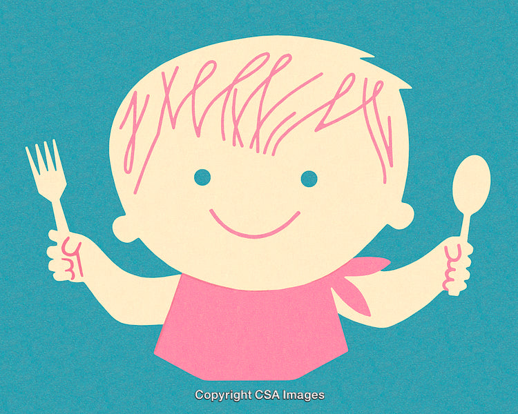 Cartoon Child with Fork and Spoon on Vibrant Blue Background