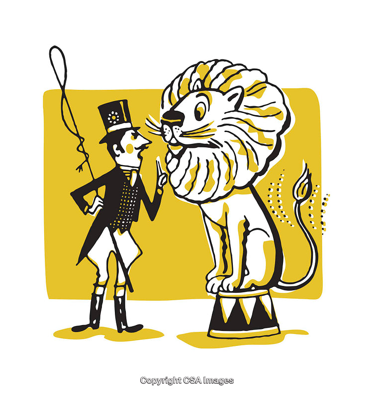 Circus Trainer Interacting with a Lion on a Pedestal Illustration