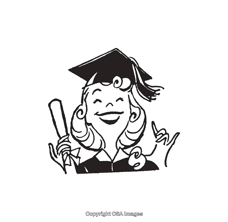 Happy Graduate Holding Diploma in Black and White Line Art Illustration