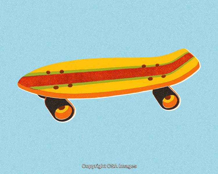 Vibrant Skateboard Design against a Soft Blue Backdrop