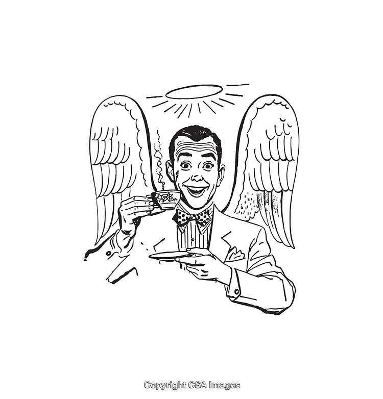 Retro Vintage Angel Illustration Featuring a Delightful Smiling Man Eating Pie