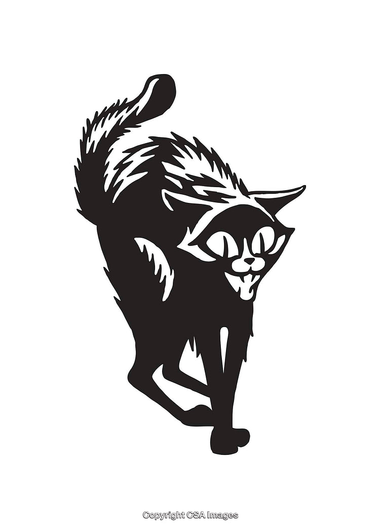 Black and White Line Art of a Fierce Arched Cat Silhouette