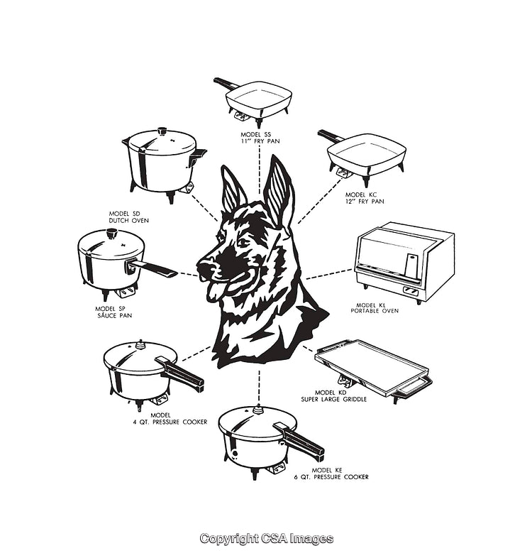 Black and White Illustrations of Cookware and German Shepherd Art