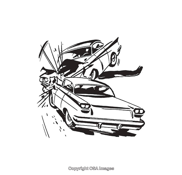Black and White Line Art Depicting a Car Accident Scene