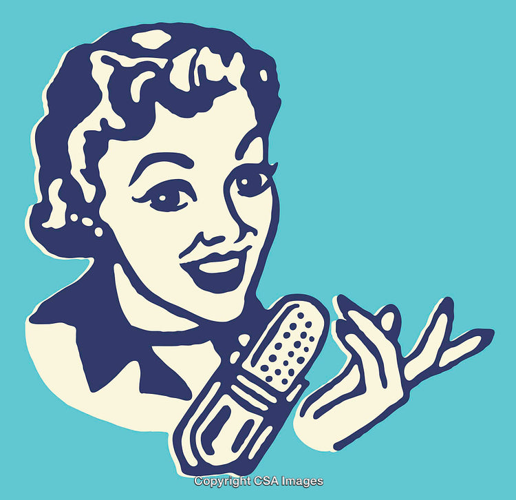 Retro Illustration of a Woman Speaking Into a Microphone in Line Art Style