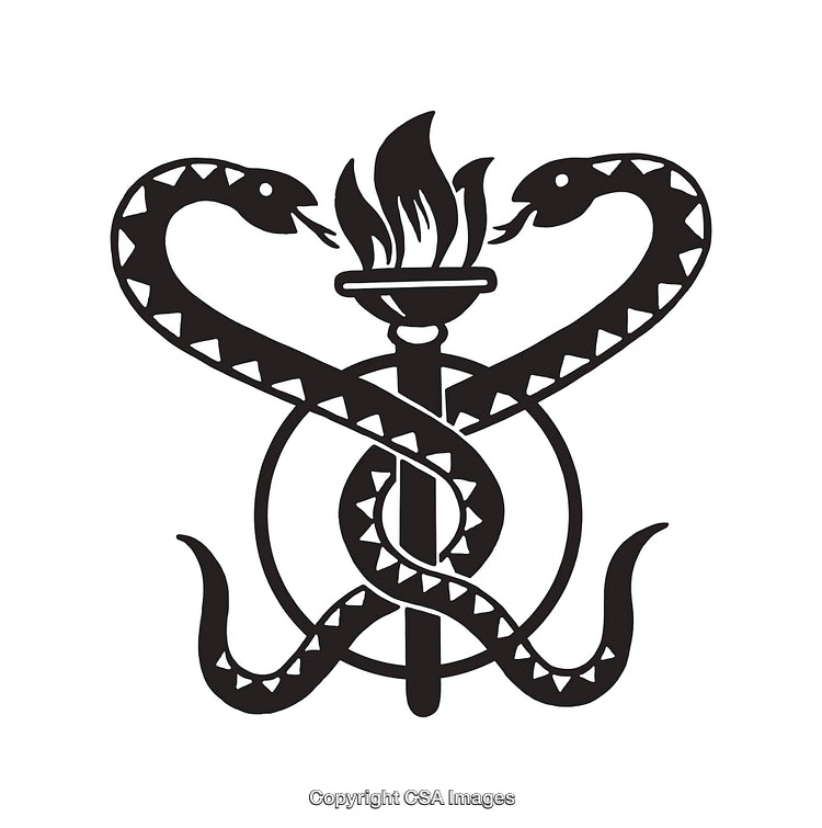 Black and White Line Art of Symbol with Torch and Serpents Encircling