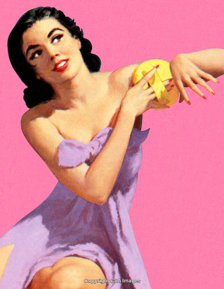 Stylized Illustration of a Glamorous Woman in Purple Against a Pink Background