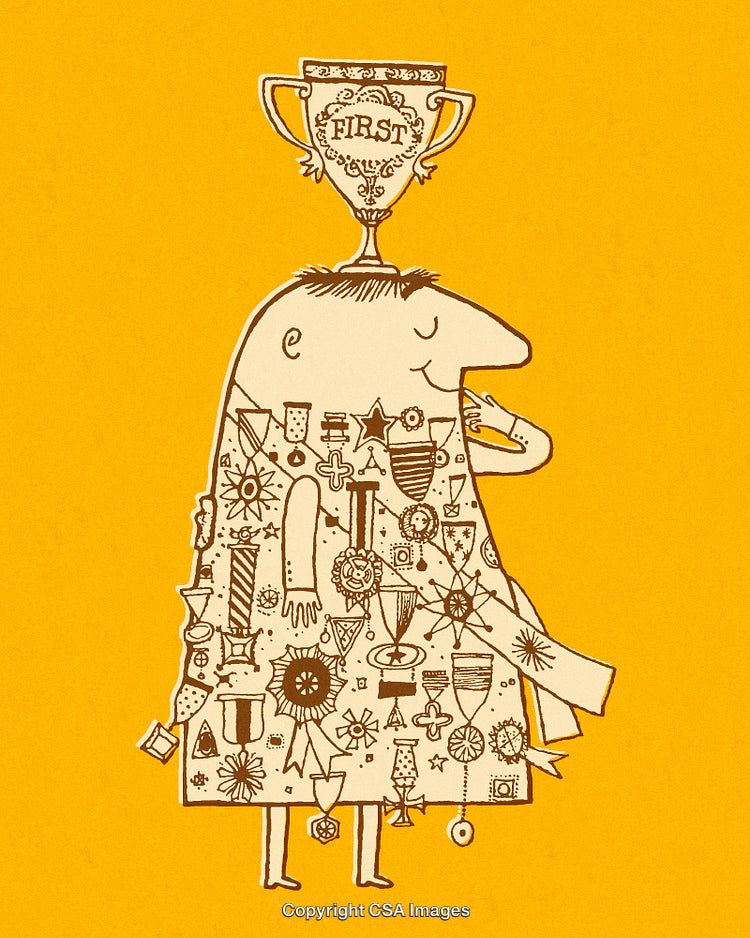 Illustrated Character Adorned With Awards and a Trophy on a Vibrant Background