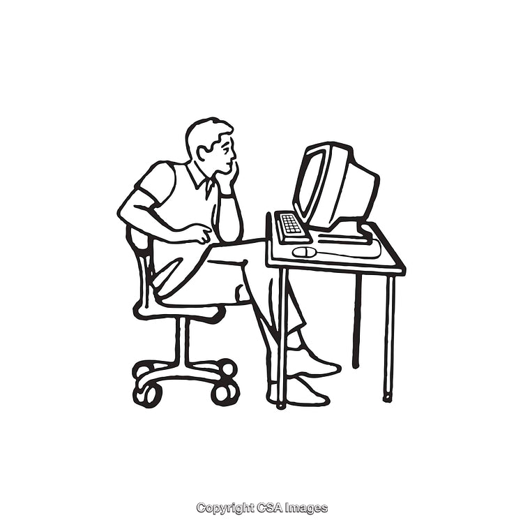 Black and White Line Art of a Man at a Computer Desk