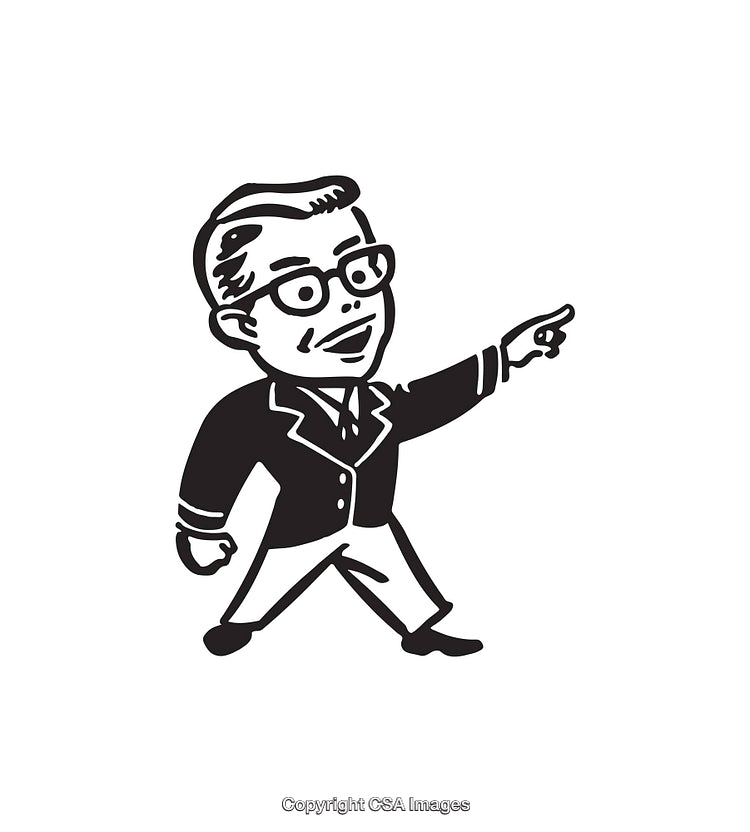 Retro Style Black and White Businessman Pointing Line Art Illustration