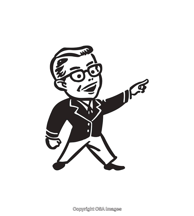 Retro Style Black and White Businessman Pointing Line Art Illustration
