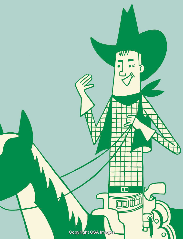 Colorful Line Art Illustration of a Cowboy on a Horse Waving