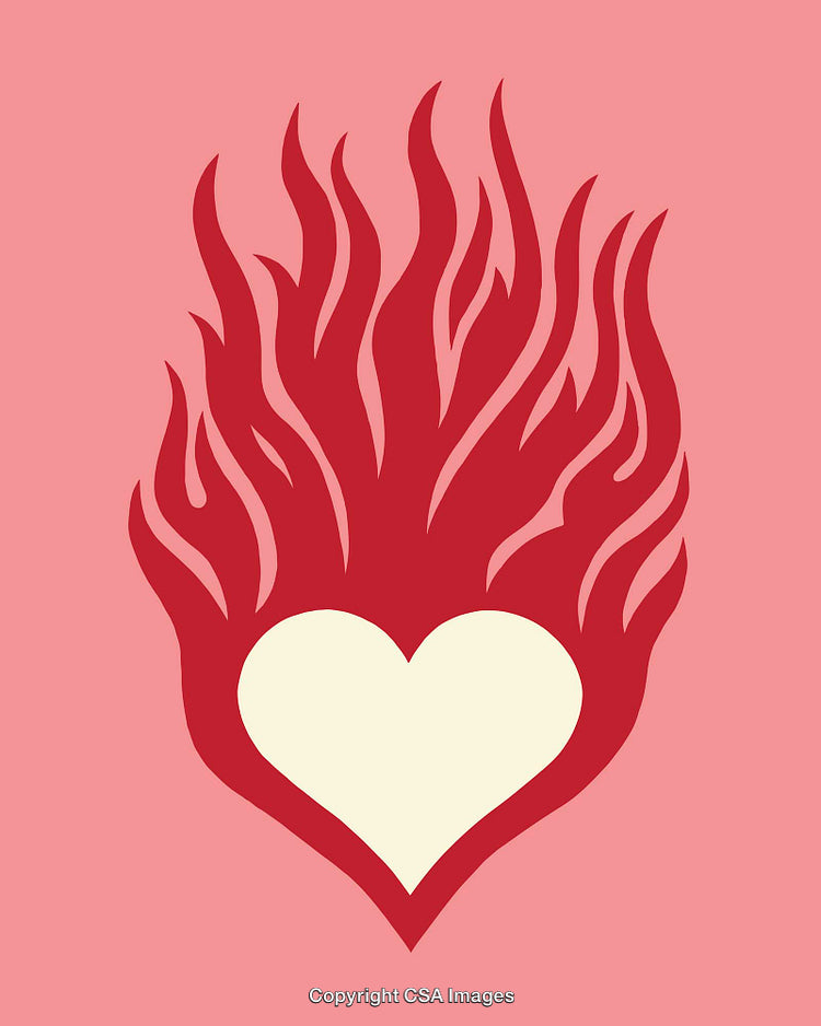 Heart Illustration Surrounded by Red Flames on a Pink Background