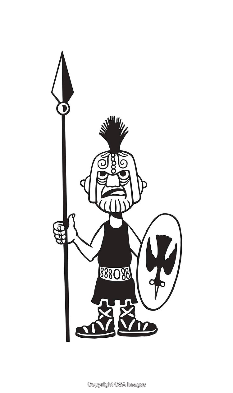 Black And White Line Art of a Cartoon Warrior with Spear and Shield