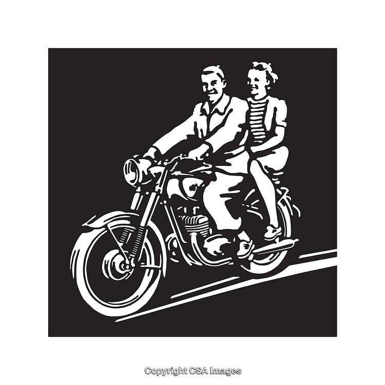 Black And White Vintage Line Art of Couple Riding a Motorcycle