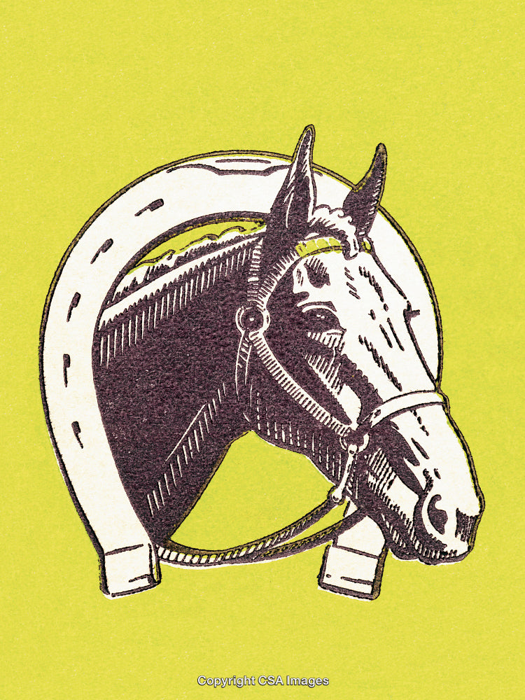 Vintage Illustration of a Horse Inside a Decorative Horseshoe Frame
