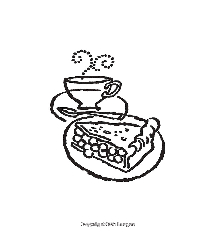 Black and White Line Art of Coffee with Dessert Slice