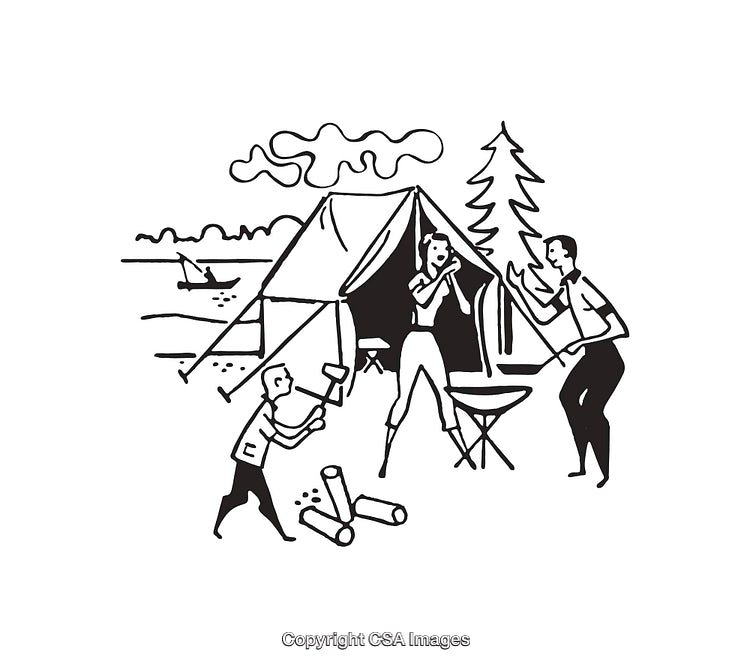 Family Camping Scene Illustrated With Tent and Outdoor Activities in Black and White