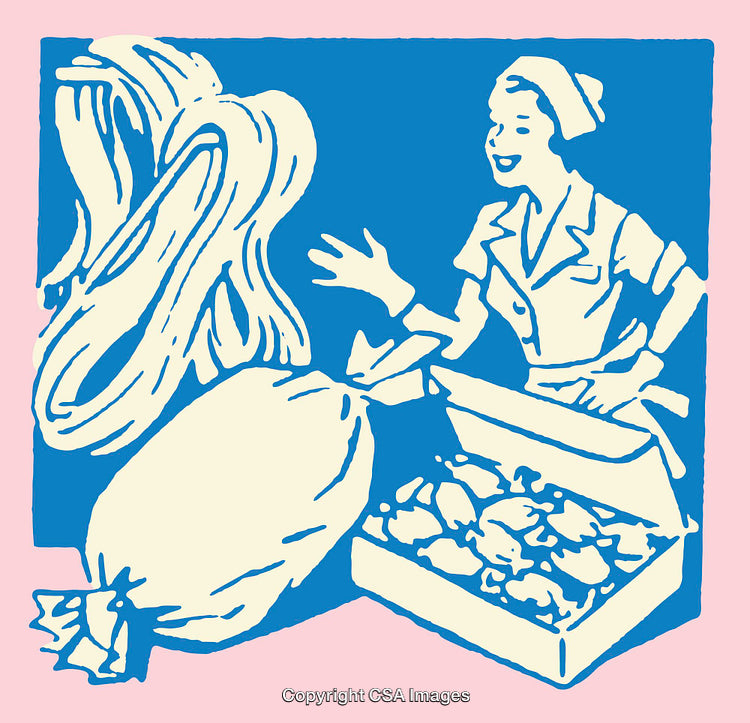 Vintage Line Art Depicting Merchant and Customer Interaction
