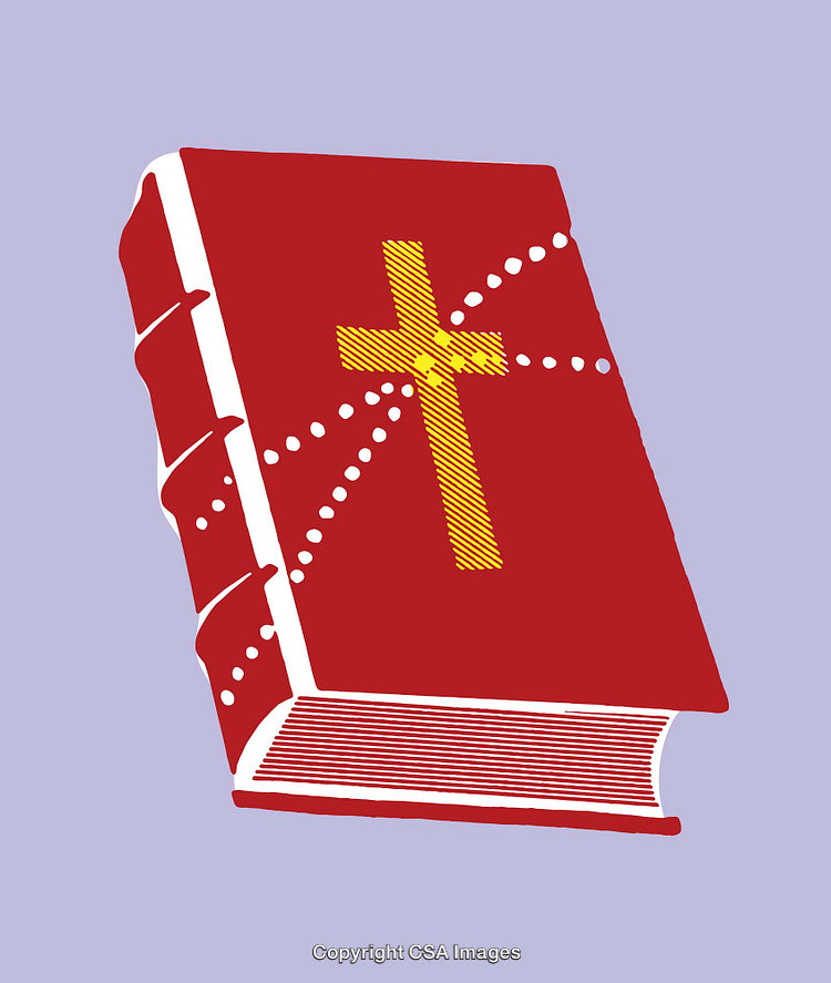 Illustrated Bible with Cross on Red Cover Over Purple Background