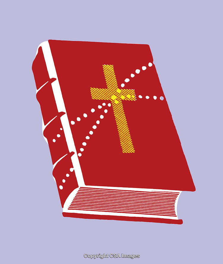 Illustrated Bible with Cross on Red Cover Over Purple Background