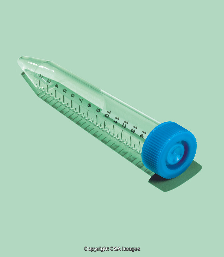 Plastic Laboratory Tube with Blue Cap on Minimalist Green Background