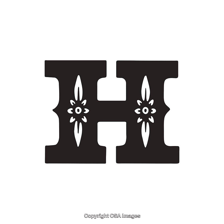 Decorative Letter H with Floral Designs in Black and White Style