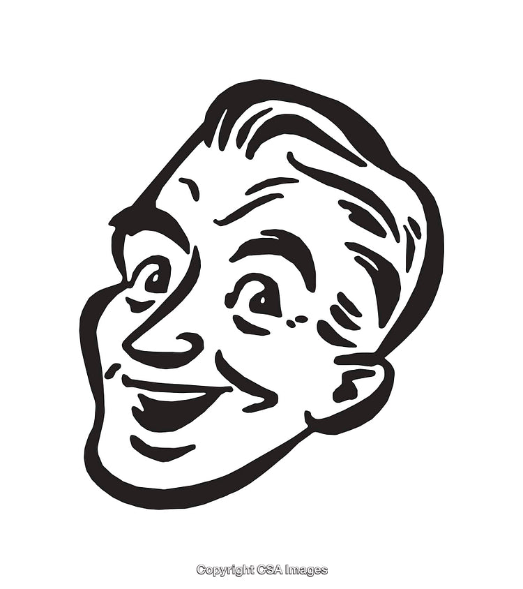 Retro Black and White Line Art Illustration of a Smiling Face