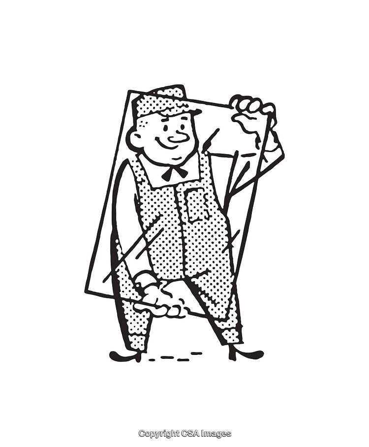 Retro Black And White Cartoon Illustration of a Happy Character in overalls
