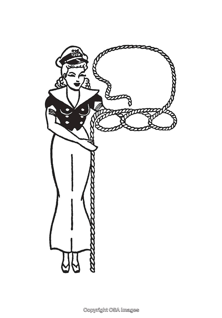 Vintage Nautical-Themed Lady Holding Rope in Retro Line Art Style