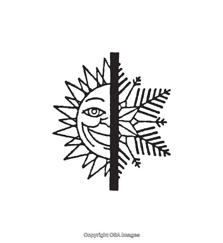 Intricate Black And White Line Art Illustration Featuring Sun And Snowflake