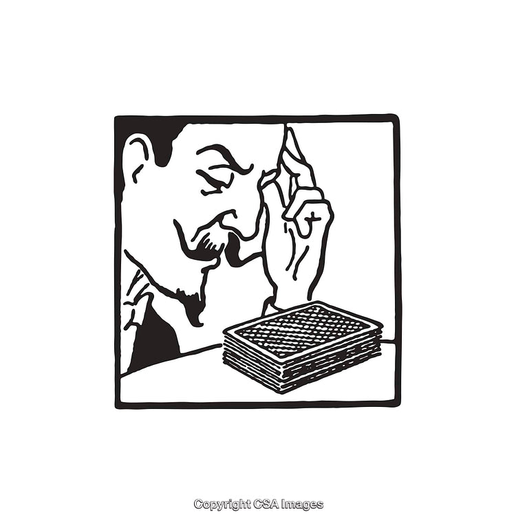 Vintage Illustration of a Man Thinking and Examining an Abacus