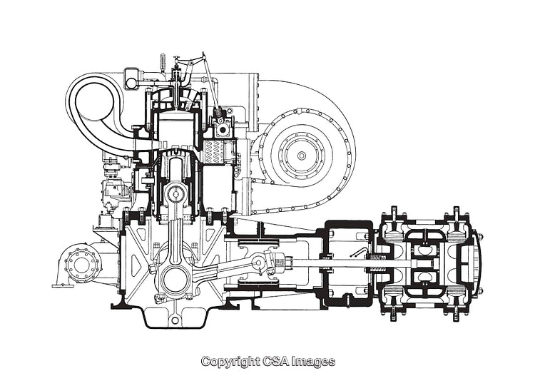 Detailed Diagram of a Mechanical Engine System in Black and White