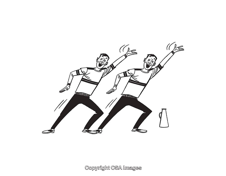 Black and White Illustration of Two Cheerful People in Action Poses