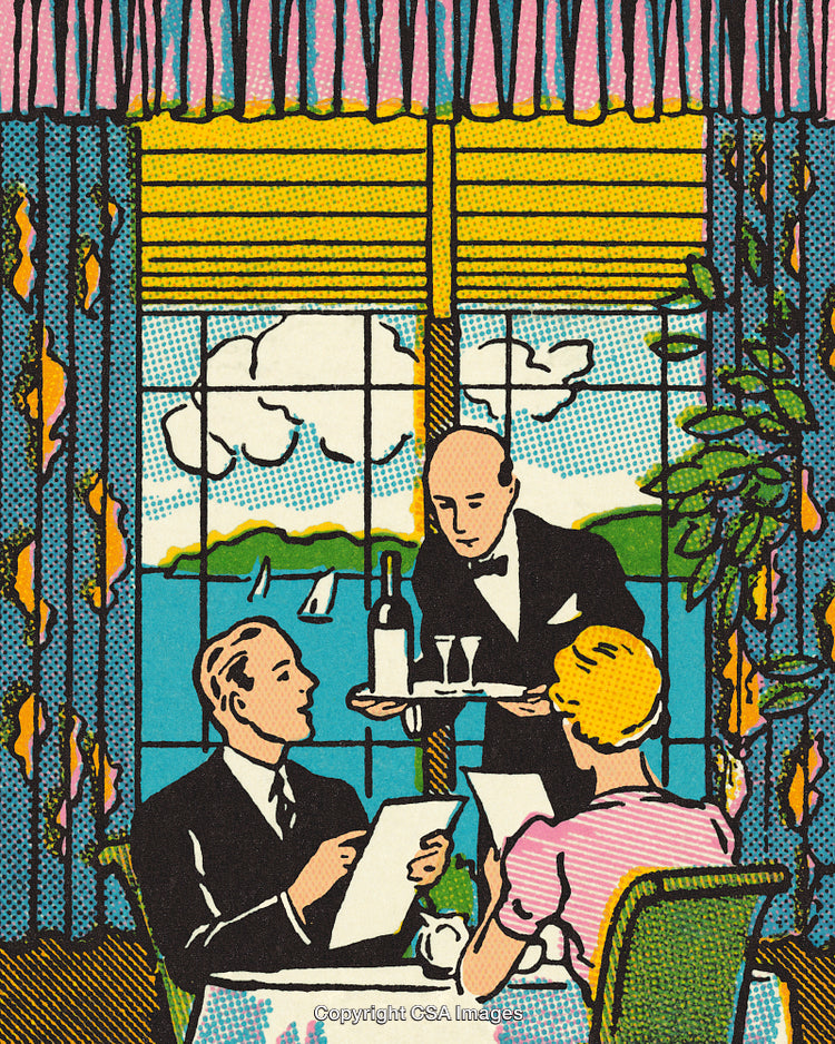 Elegant Retro Dining Scene Featuring a Waiter and Couple in a Scenic Restaurant
