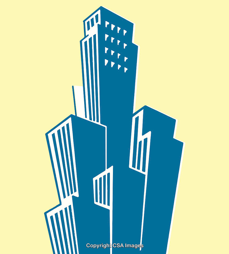 Abstract Line Art Depiction of Modern Urban Skyscrapers on Yellow Background