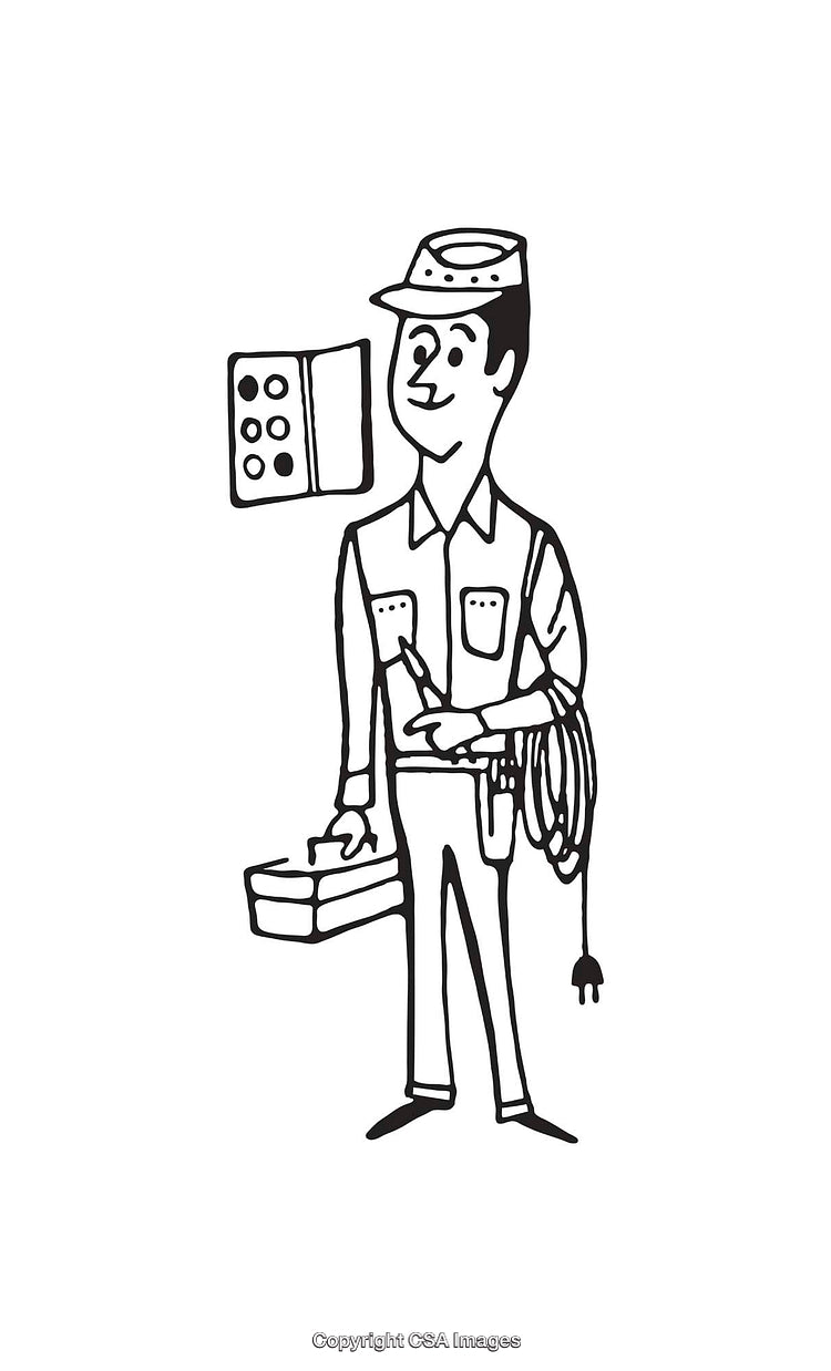 Hand-Drawn Illustration of an Electrician Holding Tools and Coiled Wire