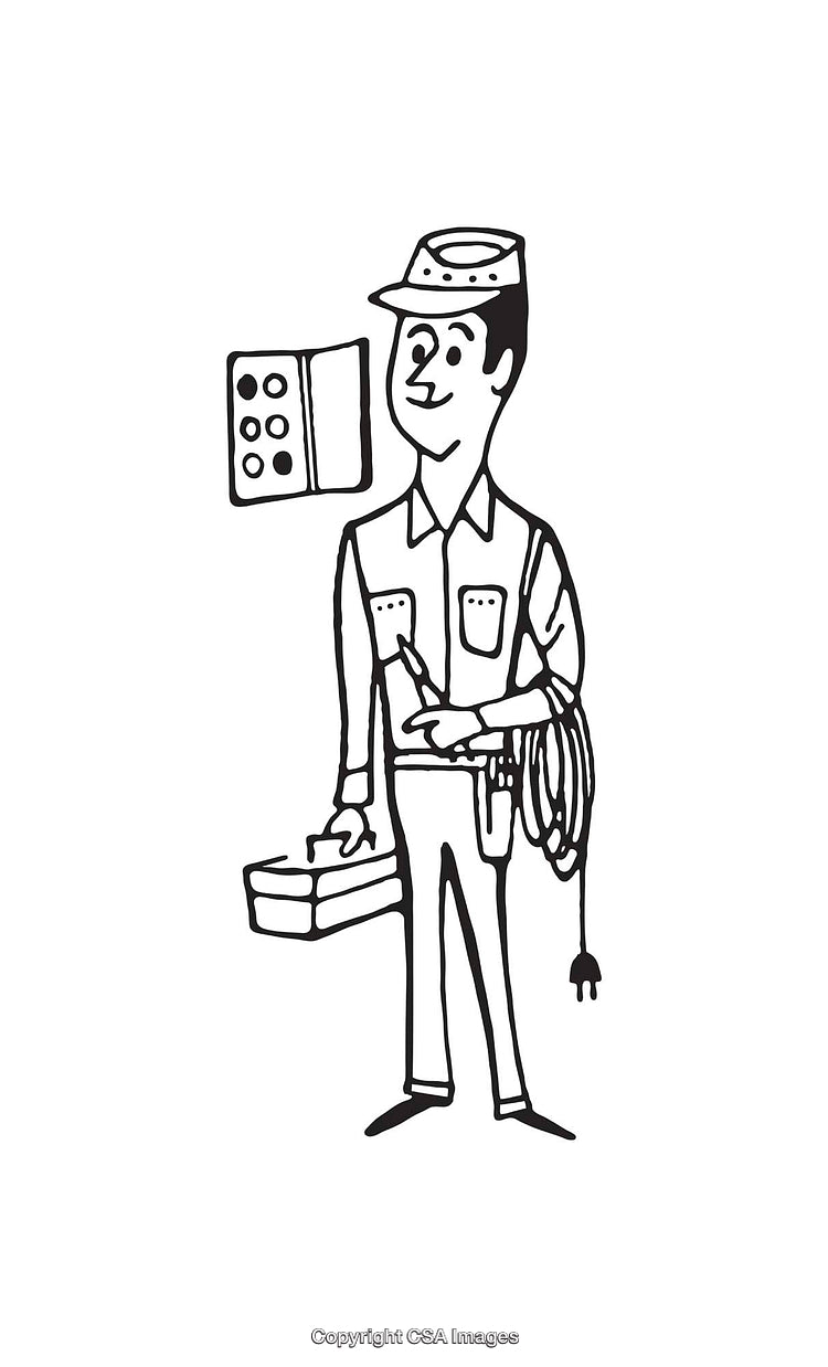 Hand-Drawn Illustration of an Electrician Holding Tools and Coiled Wire