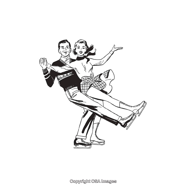 Vintage Illustration of Ice Skaters Performing a Joyful Dance Routine