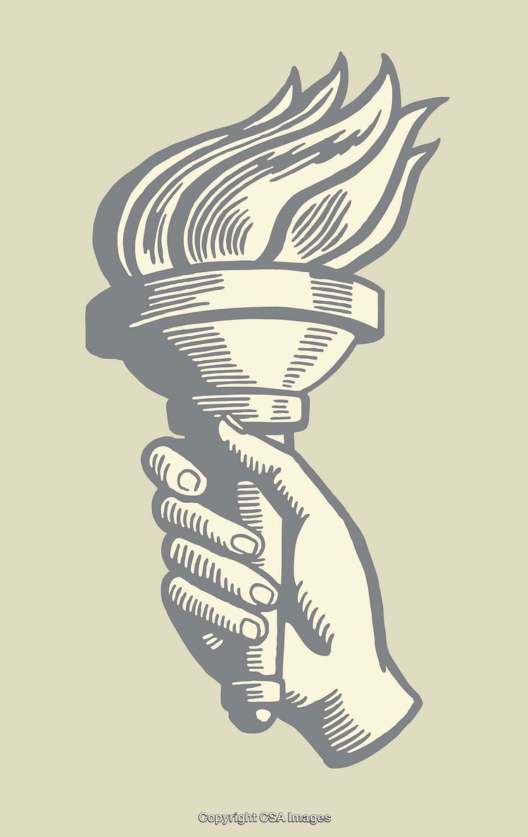 Retro Style Engraving of Hand Holding Fiery Torch Symbol