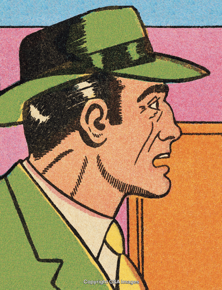 Retro Style Comic Artwork Featuring a Man in a Green Suit and Hat