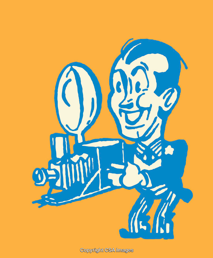 Retro Cartoon Line Art of a Photographer With a Vintage Camera