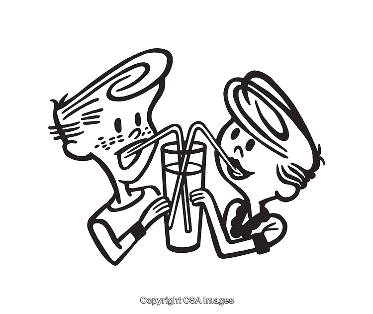 Retro Illustration of Two Friends Sharing a Drink via Straws