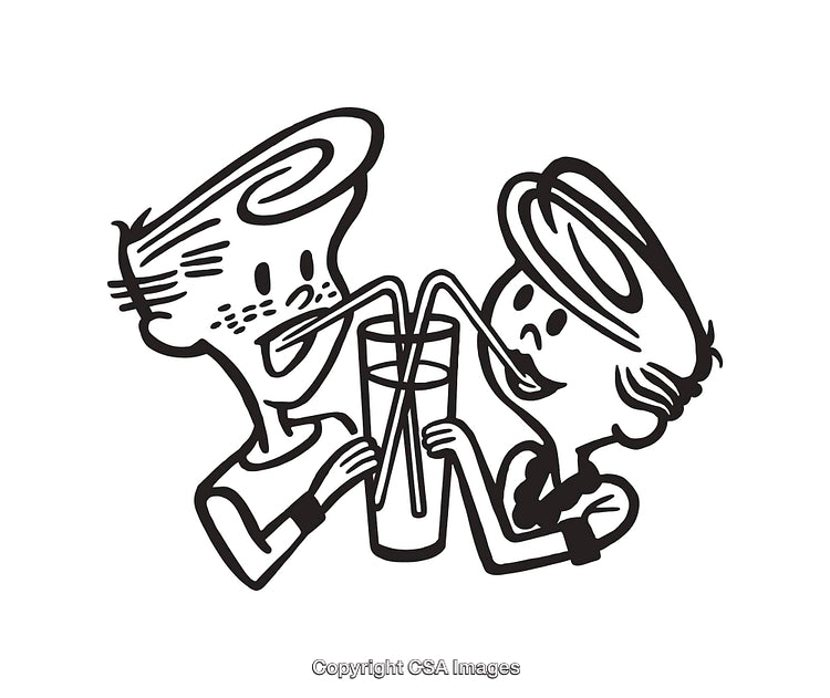 Retro Illustration of Two Friends Sharing a Drink via Straws