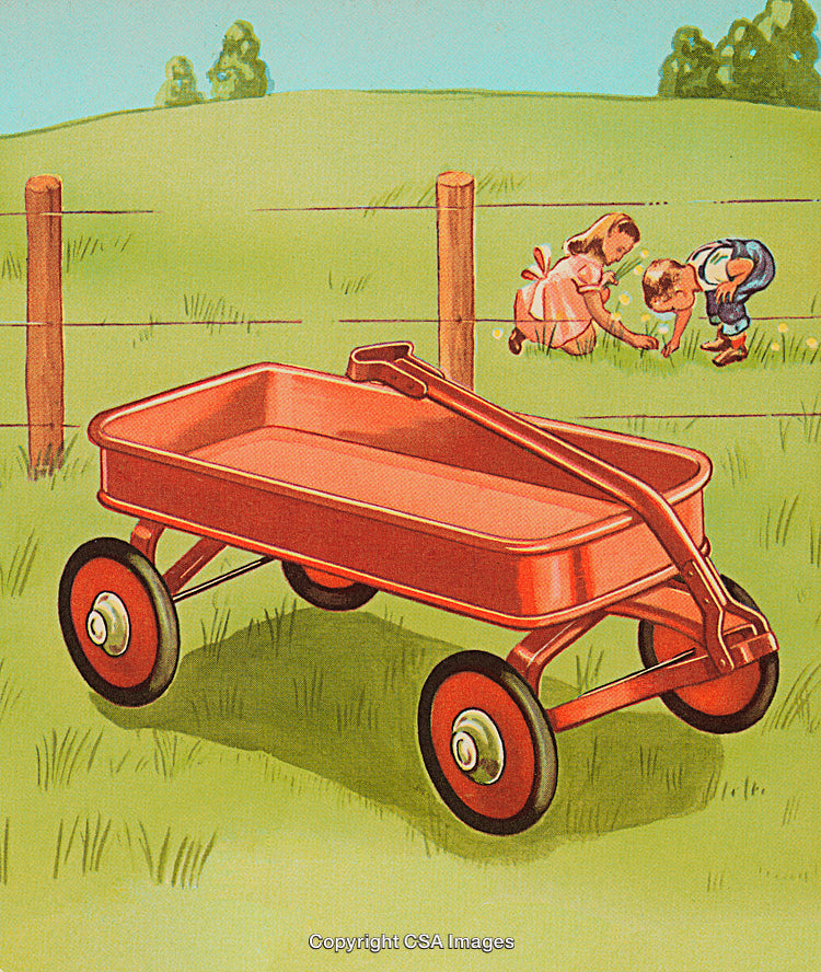 Vintage Illustration of Children with Red Wagon in Sunny Countryfield