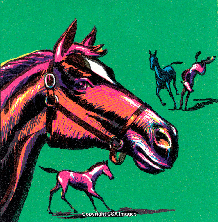 Colorful Artistic Depiction of Horses on a Bold Green Background