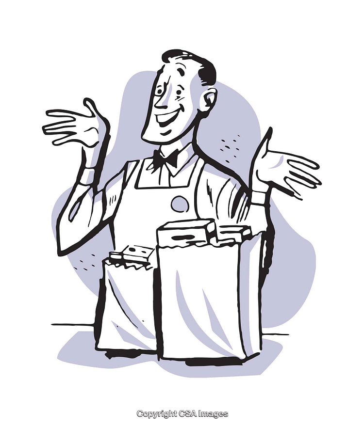 Illustrated Worker Smiling Behind Counter with Grocery Bags
