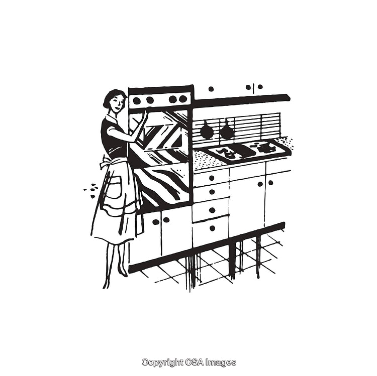 Retro Black and White Illustration of a Kitchen with Woman in Apron