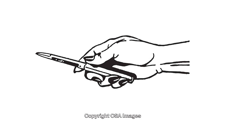 Black and White Line Art of Hand Holding a Pen